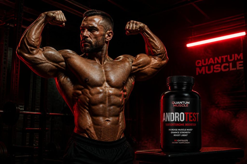 Muscular male athlete deadlifting heavy barbell in dark gym — AndroTest testosterone support by Quantum Muscle